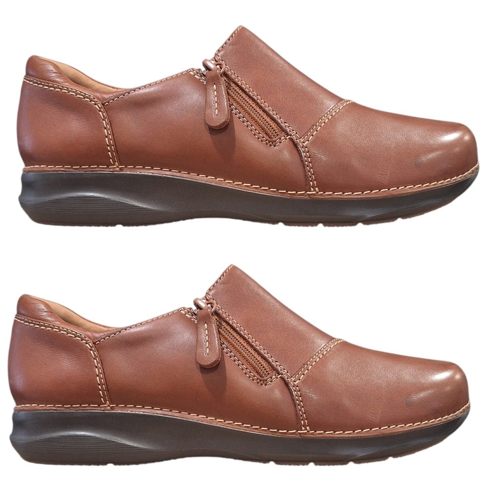 Clarks Appley Zip Womens Size 8 W‎ Dark Tan Leather Cuir Brun Fonce NEW